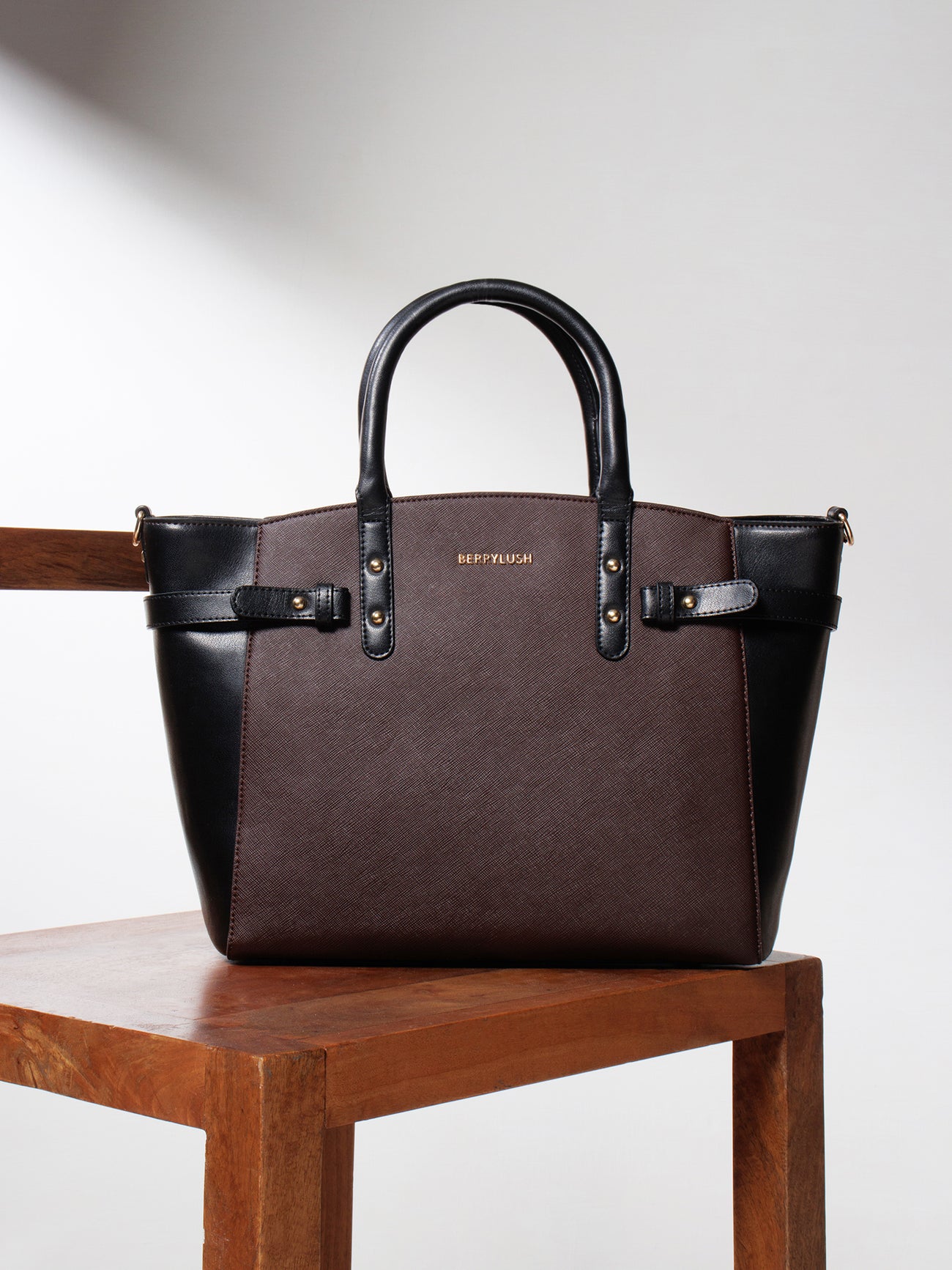 Berrylush Women Solid Brown Synthetic Leather Two-Handles Detachable Sling Strap Embellished Tote Bag