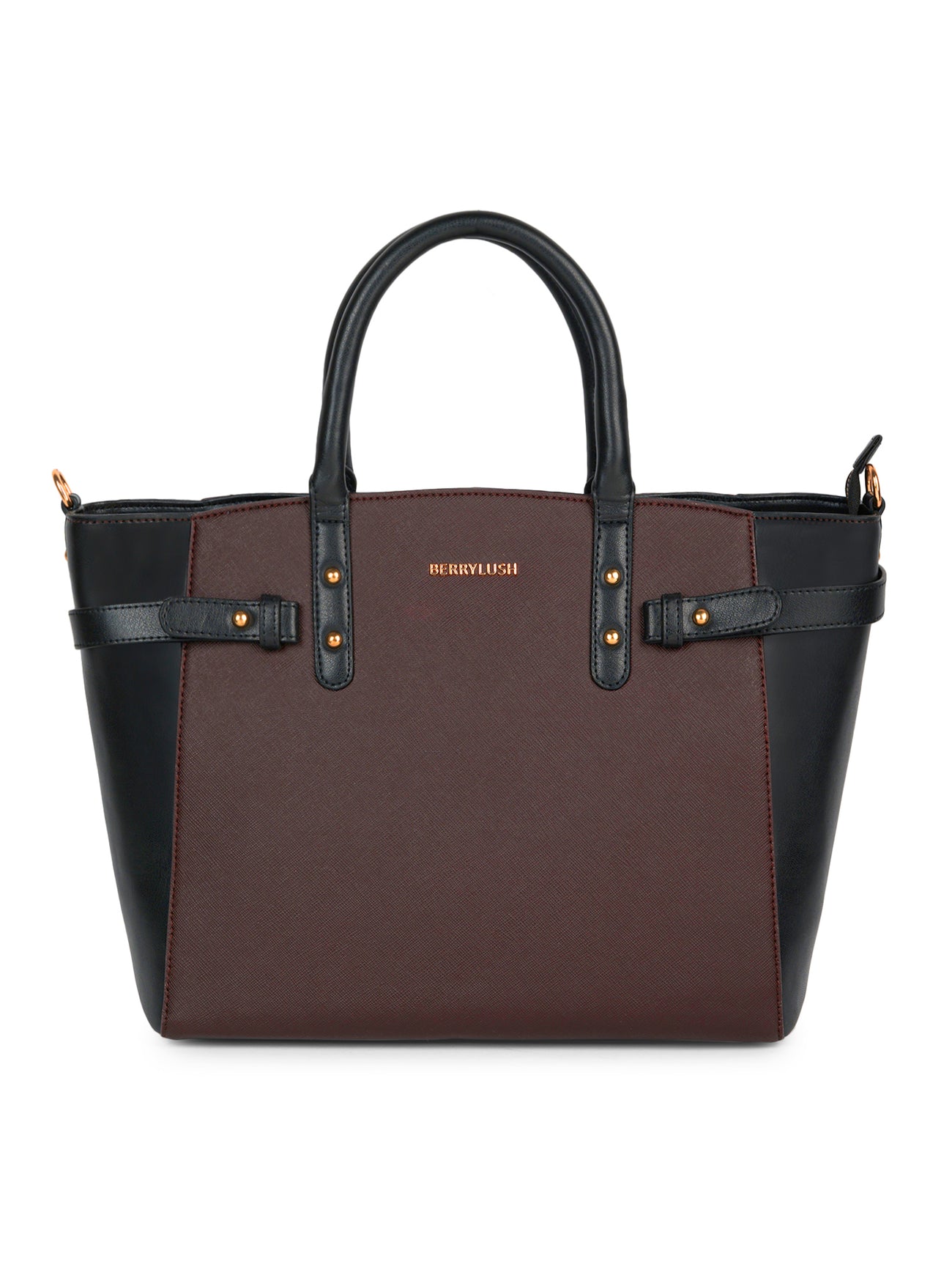 Berrylush Women Solid Brown Synthetic Leather Two-Handles Detachable Sling Strap Embellished Tote Bag