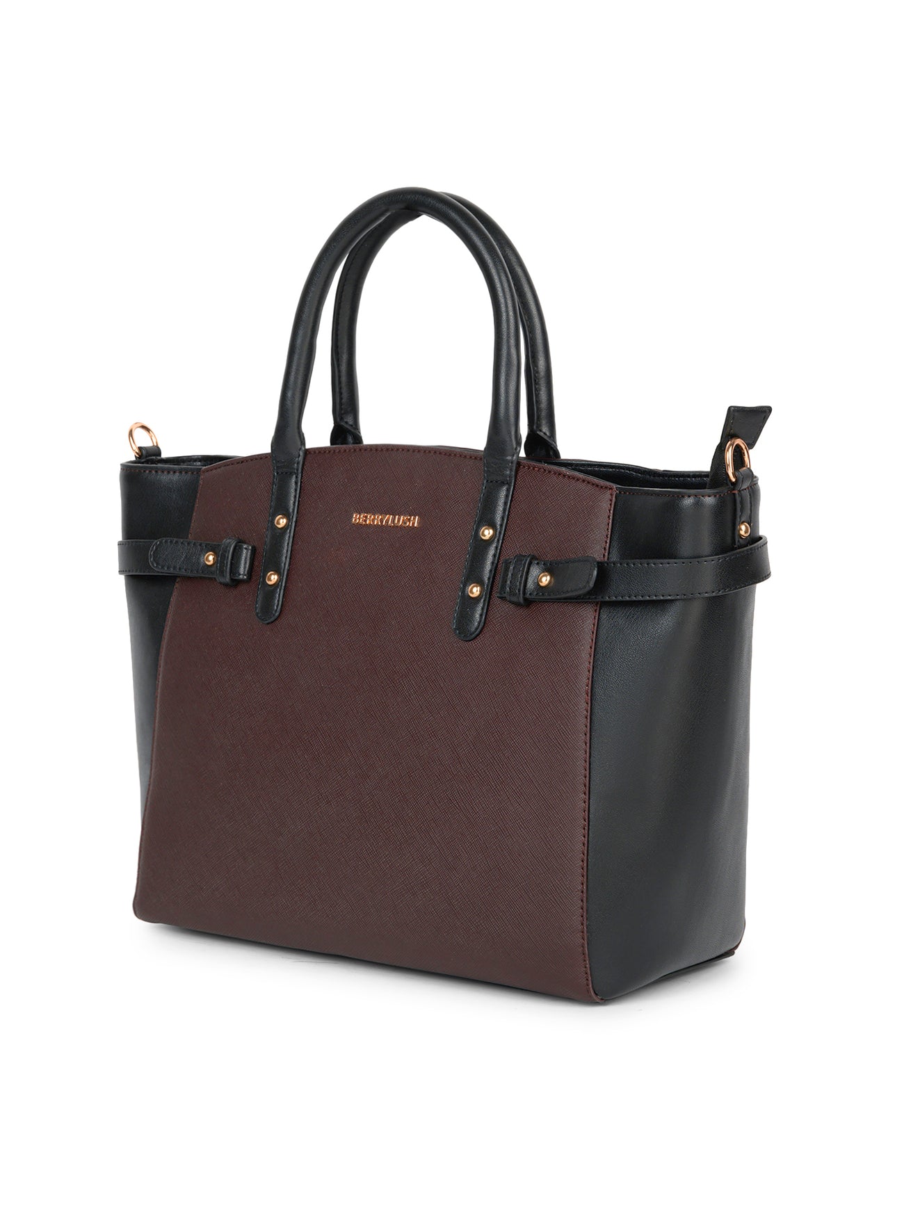 Berrylush Women Solid Brown Synthetic Leather Two-Handles Detachable Sling Strap Embellished Tote Bag