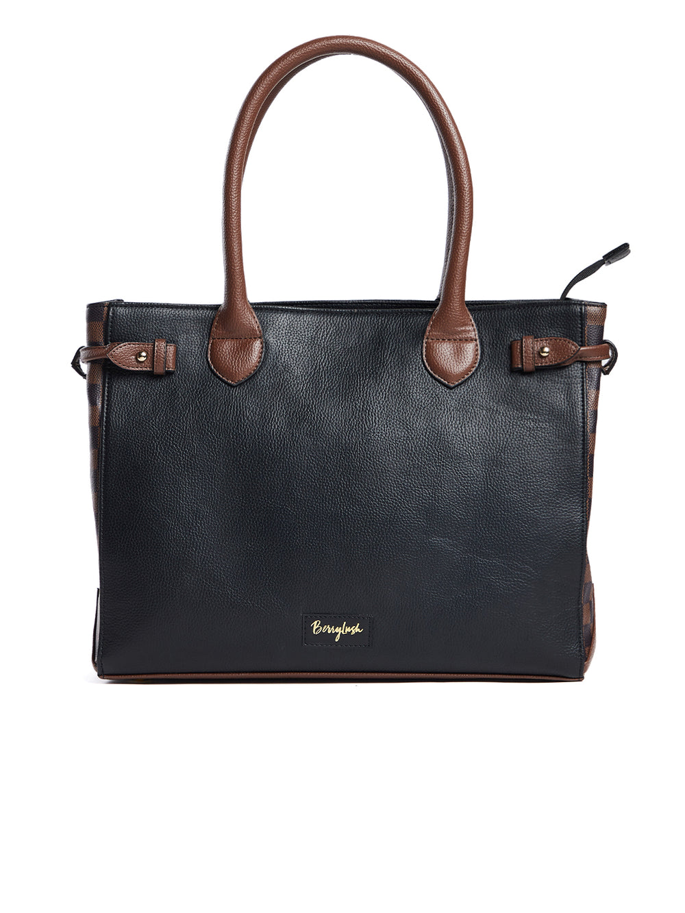 Berrylush Women Solid Black & Brown Side Checked Pattern PU Regular Tasselled Tote Shoulder Bag