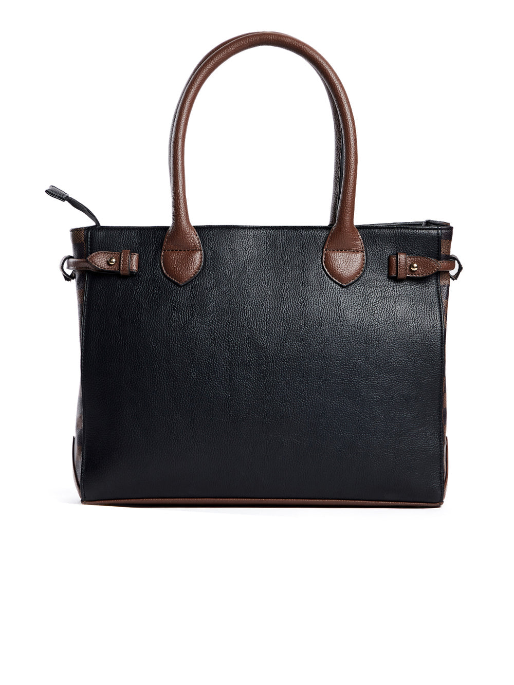 Berrylush Women Solid Black & Brown Side Checked Pattern PU Regular Tasselled Tote Shoulder Bag