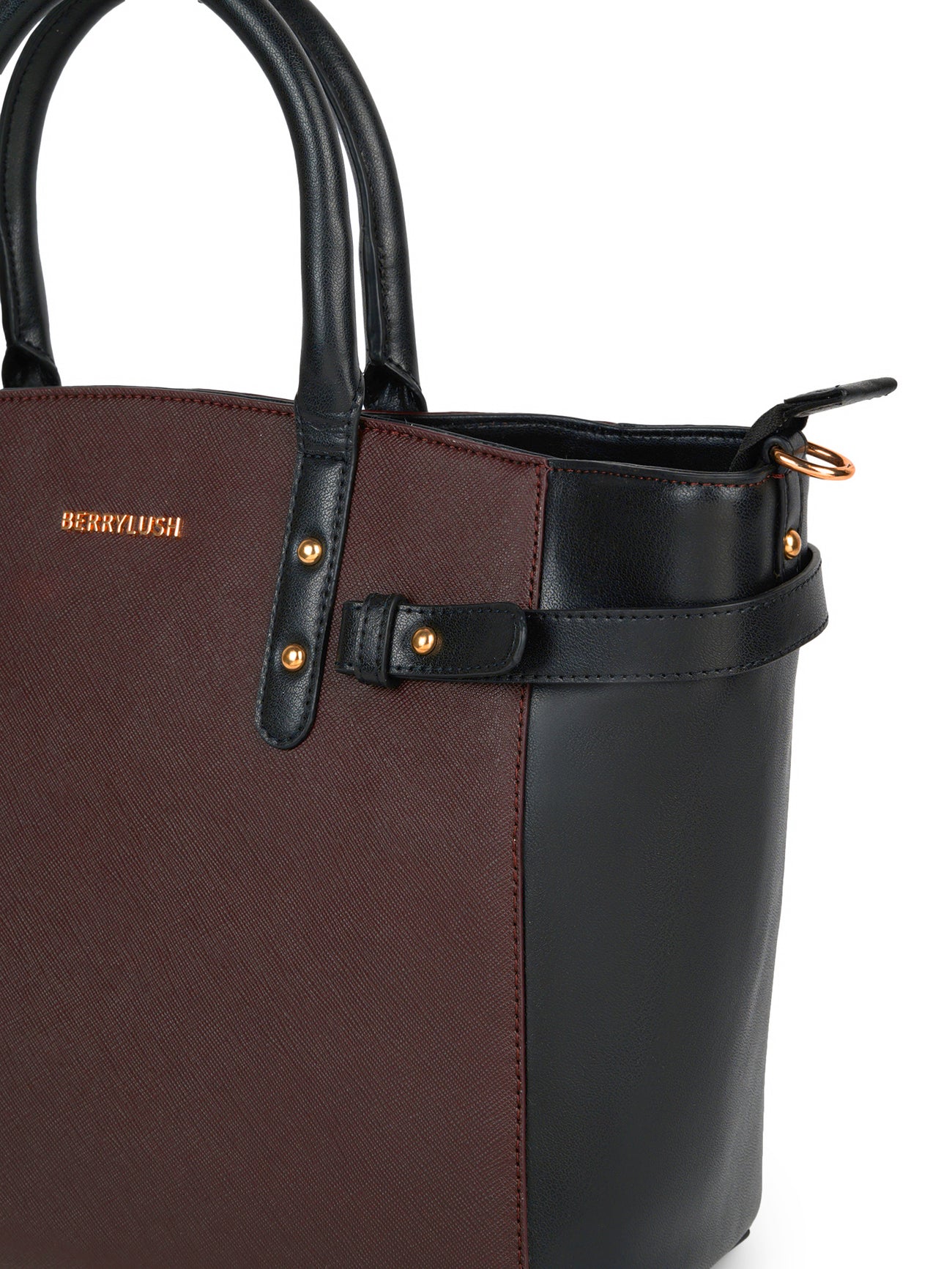 Berrylush Women Solid Brown Synthetic Leather Two-Handles Detachable Sling Strap Embellished Tote Bag