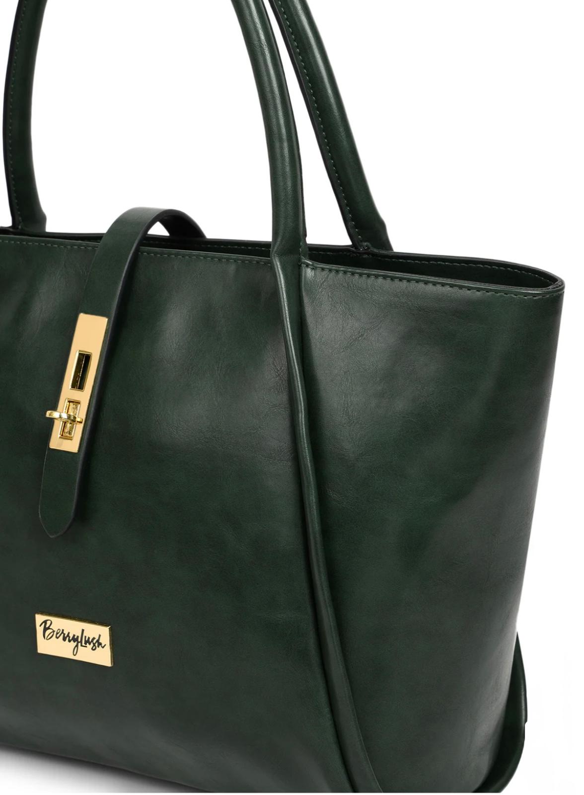 Berrylush Women Textured Green Synthetic Leather Two-Handles Push-Lock Shoulder Bag
