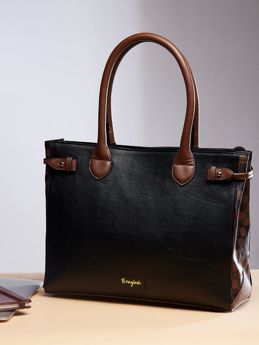 Berrylush Women Solid Black & Brown Side Checked Pattern PU Regular Tasselled Tote Shoulder Bag