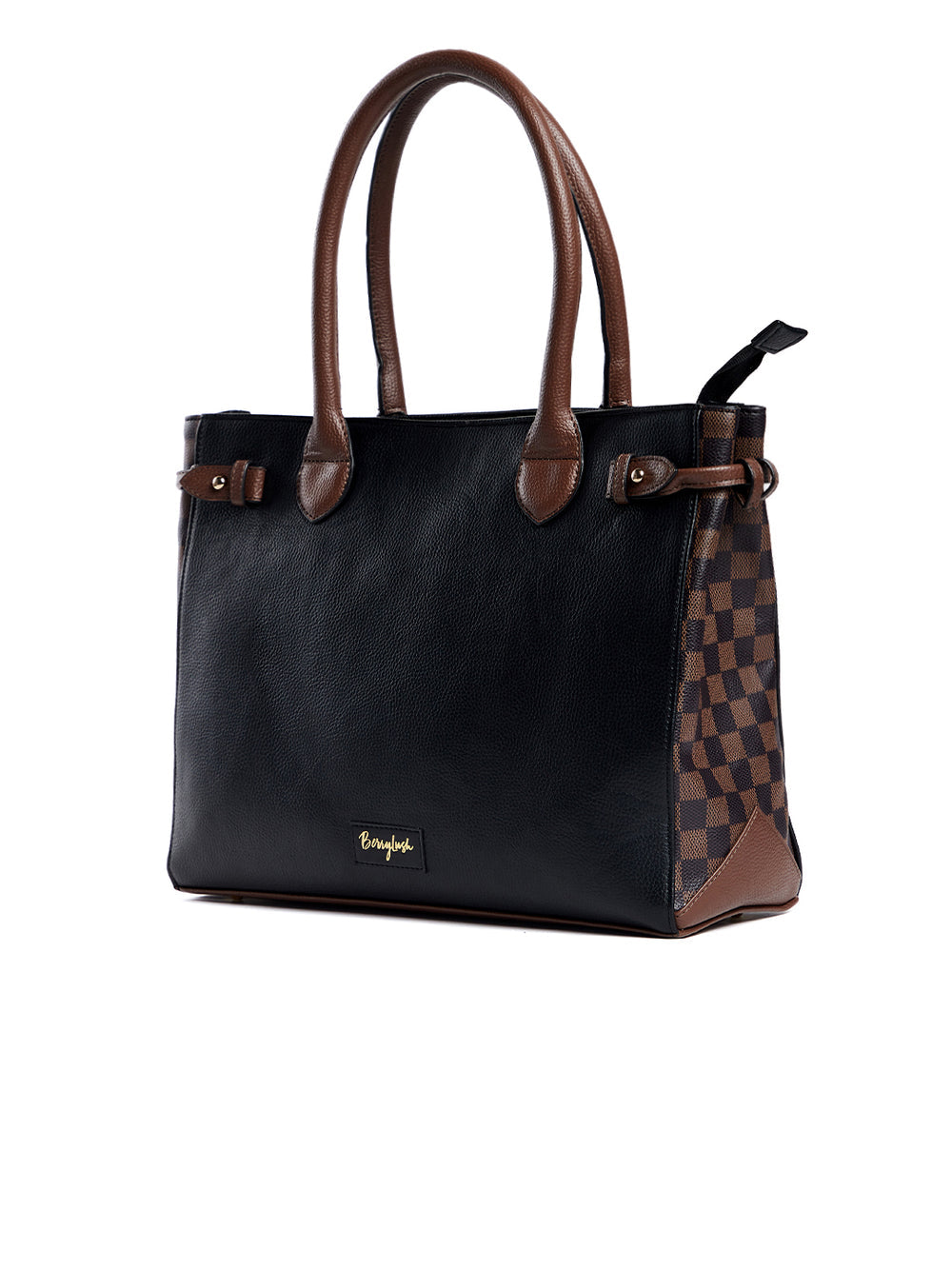 Berrylush Women Solid Black & Brown Side Checked Pattern PU Regular Tasselled Tote Shoulder Bag